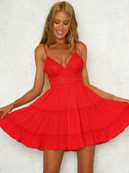 Lace Insert Tiered Ruffle Spaghetti Strap Deep V-Neck Mini Dress