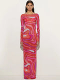 Lettuce Edge Boat Neck Long Sleeve Abstract Swirl Print Mesh Maxi Dress