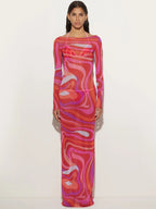 Lettuce Edge Boat Neck Long Sleeve Abstract Swirl Print Mesh Maxi Dress