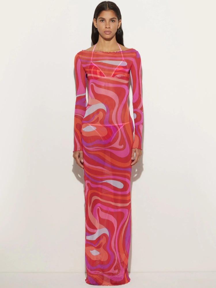 Lettuce Edge Boat Neck Long Sleeve Abstract Swirl Print Mesh Maxi Dress