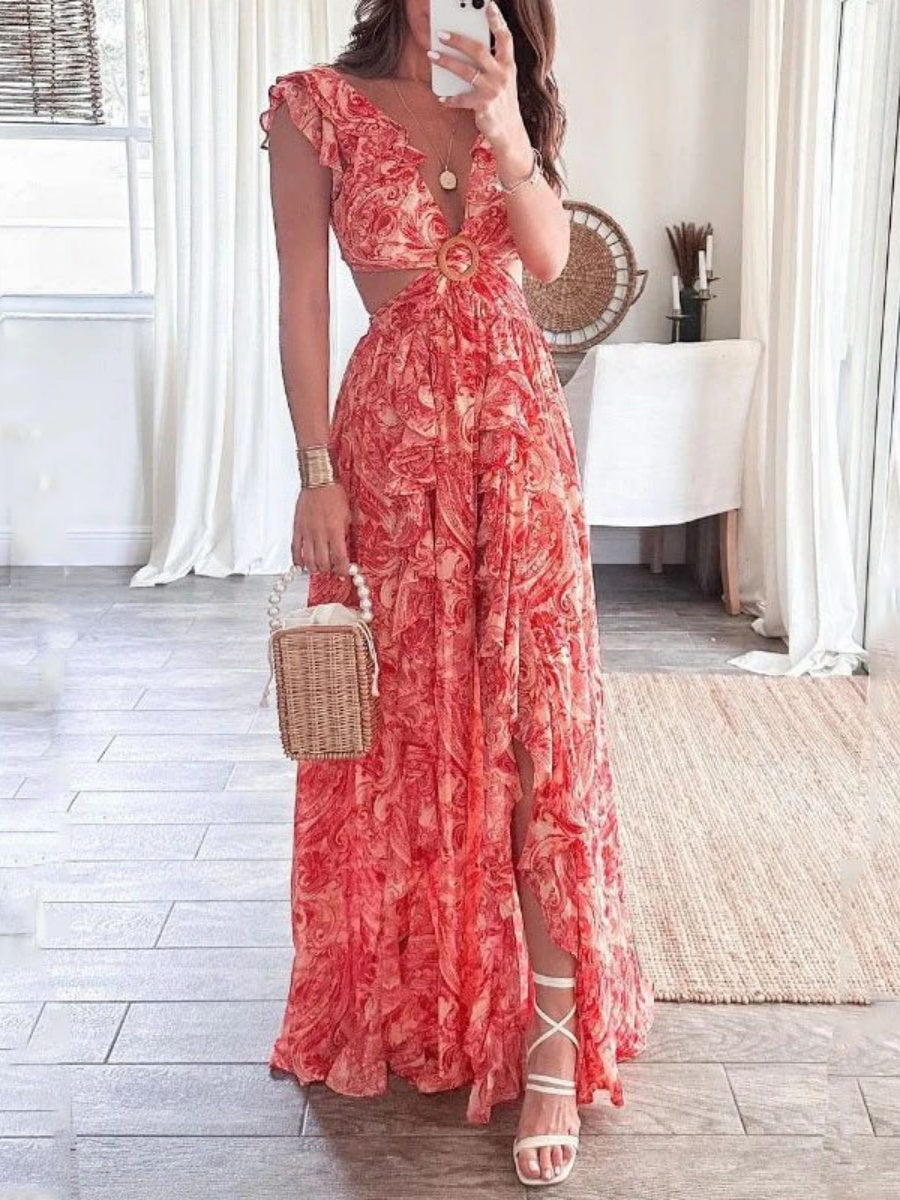 Sexy Waist-revealing Cutout Floral Plant Maxi Dresses