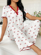 Heart-print V-neck Short-sleeved Trousers Loungewear Set