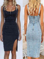 Denim Distressed Suspender U-neck Slit Midi Dresses