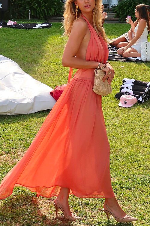 Deep V Neck Halter Backless Flowy Maxi Party Dress