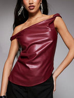 PU Leather Asymmetrical Neckline And Off-shoulder Twisted Design Cropped Vest