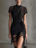 Black Sheer Lace-trimmed Slim-fitting High-slit Short Dress