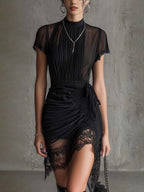 Black Sheer Lace-trimmed Slim-fitting High-slit Short Dress