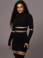 Mesh Splicing High Collar High Waist Slim Sexy Long Dress
