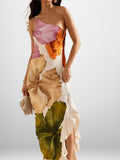 Elegant One-shoulder Halter Long Dress With Large Floral Print