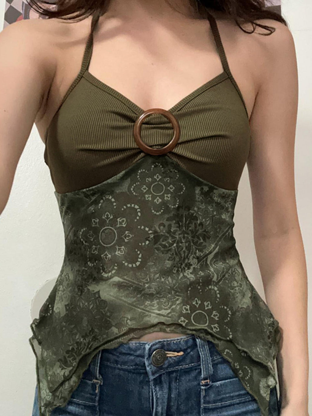 Metal Buckle Pleated Halter Neck And Backless Tank Top