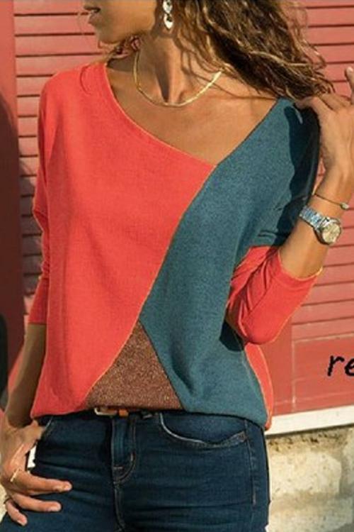 Casual Color Block Long Sleeve Basic Tops