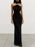 Metal Decoration Halter-neck Sleeveless Maxi Dresses