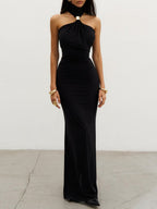 Metal Decoration Halter-neck Sleeveless Maxi Dresses
