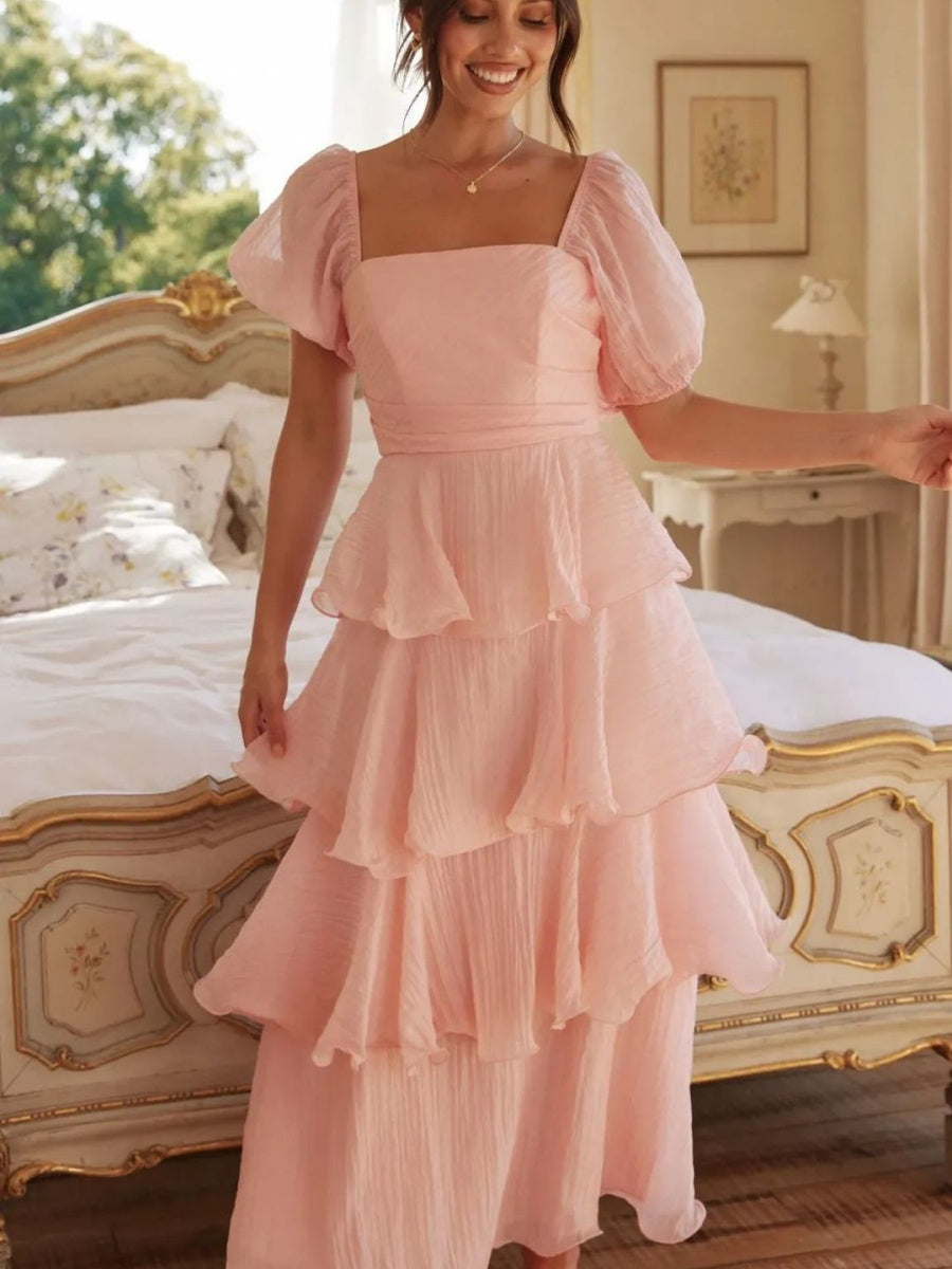 Square Collar Puff Sleeve Cake Skirt Vacation Parties Maxi Dresses