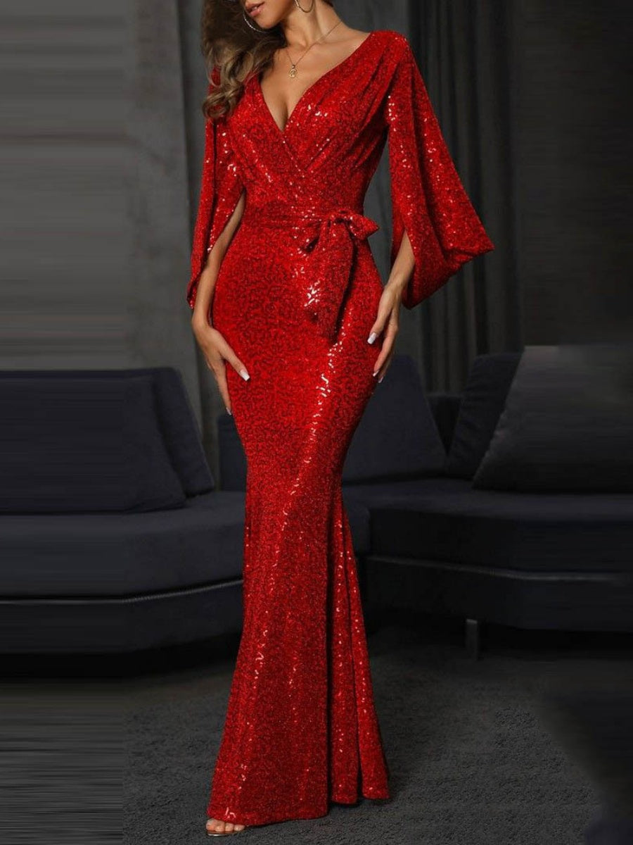Slit Solid Color Sequin Splicing Maxi Dresses