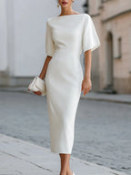 Solid Color Short-sleeved Fitted Waist Midi Dress