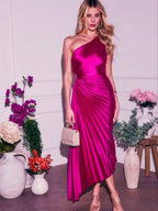 Satin Pleated One-shoulder Asymmetrical Neckline Solid Color Maxi Dresses