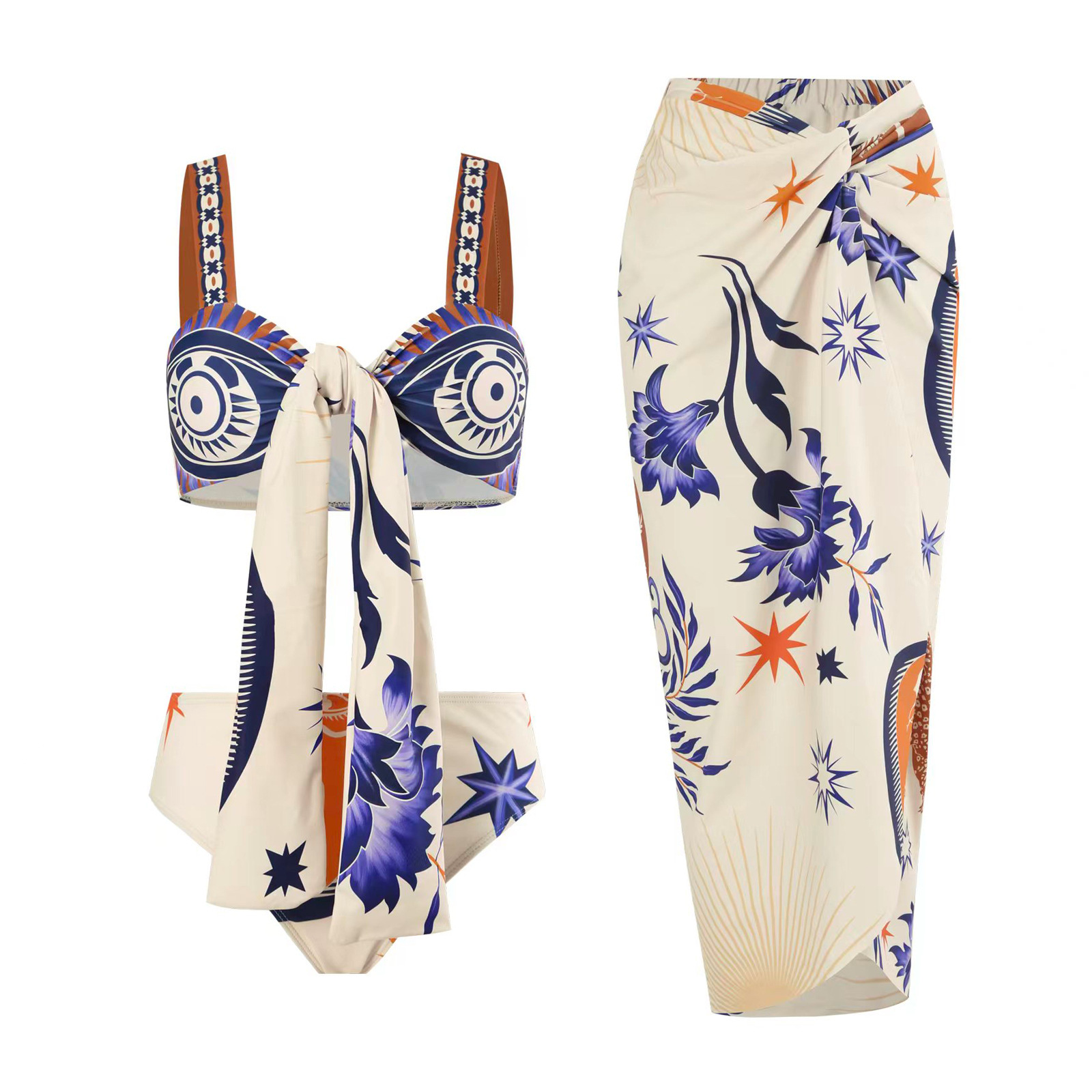 Printed Tie Front Two Piece Biniki and Twist Cover Up Skirt Set