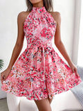 Printed Sleeveless Tie Mini Dress With A Full Skirt