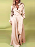 Three-dimensional Floral Decorations V-neck Satin Long-sleeved Top And Wide-leg Pants Two-piece Set