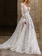 Sexy Long Sleeve V-neck Thin Bridal Wedding Maxi Dresses