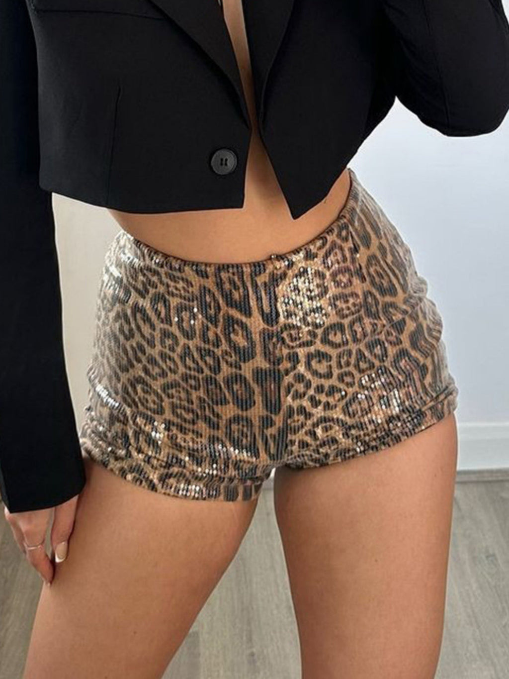 Sequined Leopard Print Stretch Shorts