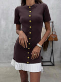 Contrasting Edges Slim-fit Button Short Sleeve Ruffle Mini&Short Dresses