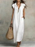 V-neck Pleats Solid Color Long Dress