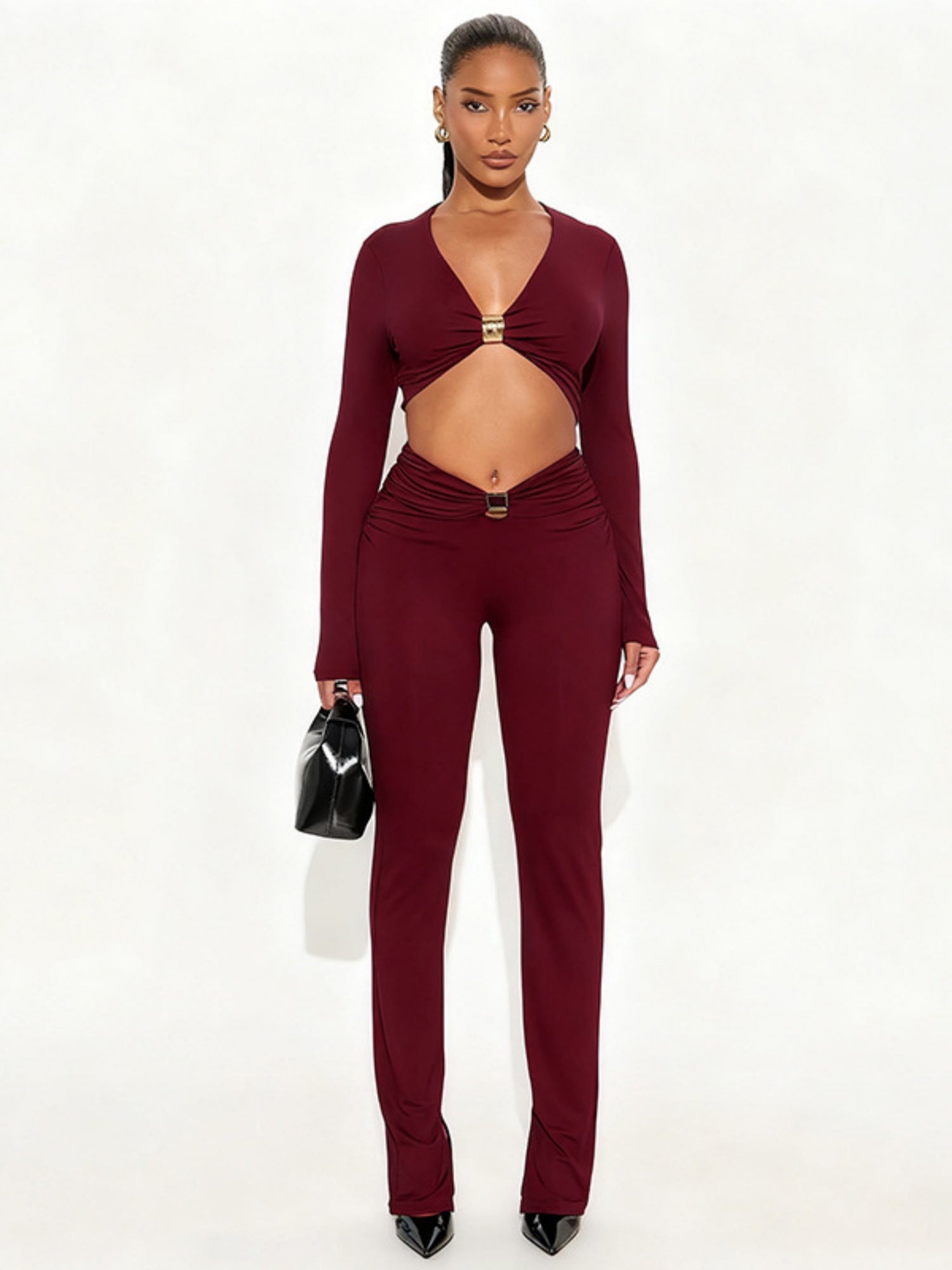 Metal Decoration Pleated Long-sleeved Top Tight High-waisted Trousers 2-piece Sets