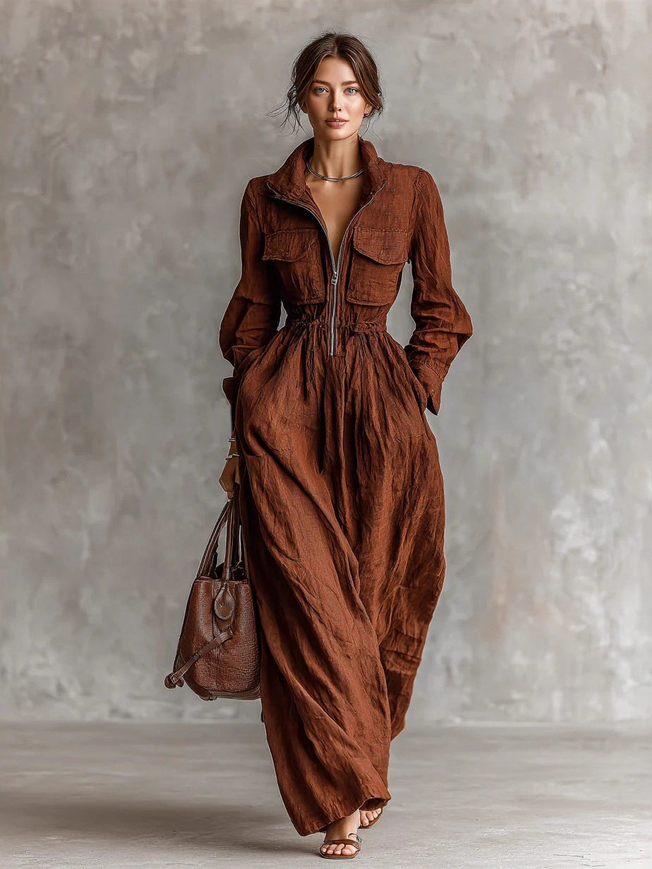 Zippered Lapel Elastic Waist Long Dress