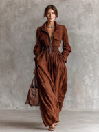 Zippered Lapel Elastic Waist Long Dress