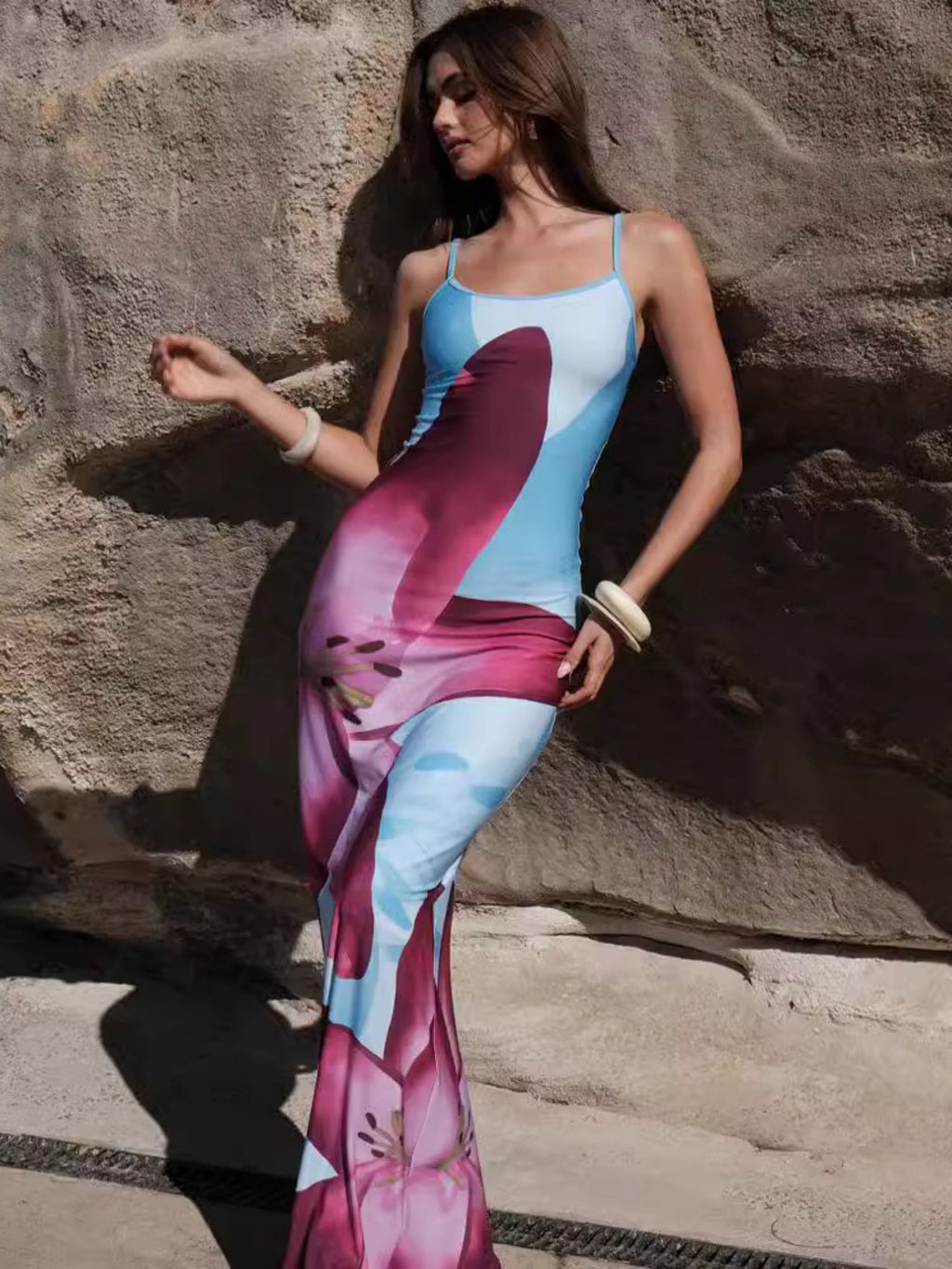Floral Print Bodysuit With Slits Camisoles Maxi Dresses