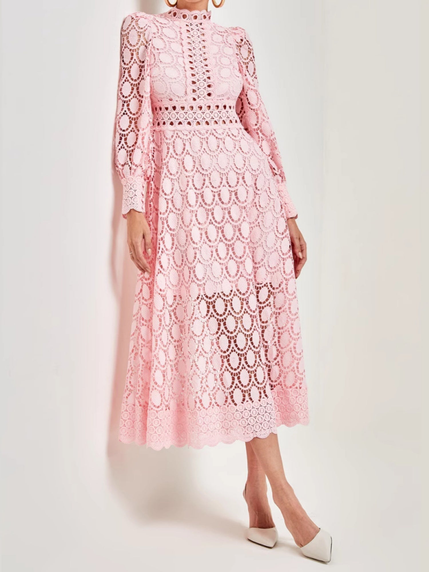 Lace Cutout Lace Patchwork Long-sleeved Long Dress