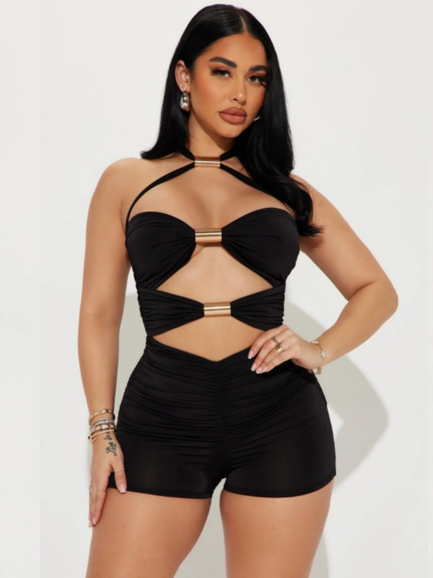 Hollow Out Metal Pipe Splicing Color-blocked Bow Neckband Jumpsuits
