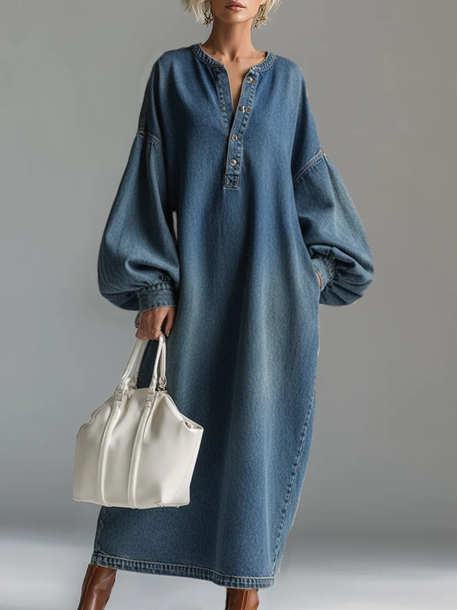 Lantern Sleeve Midi Denim Skirt
