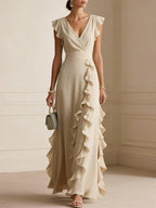 Solid Color Pleated Short Sleeve V-neck Chiffon Long Dress
