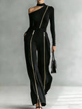 Black Double-zipper Trendy Off-shoulder Long-sleeved Top Two-piece Set