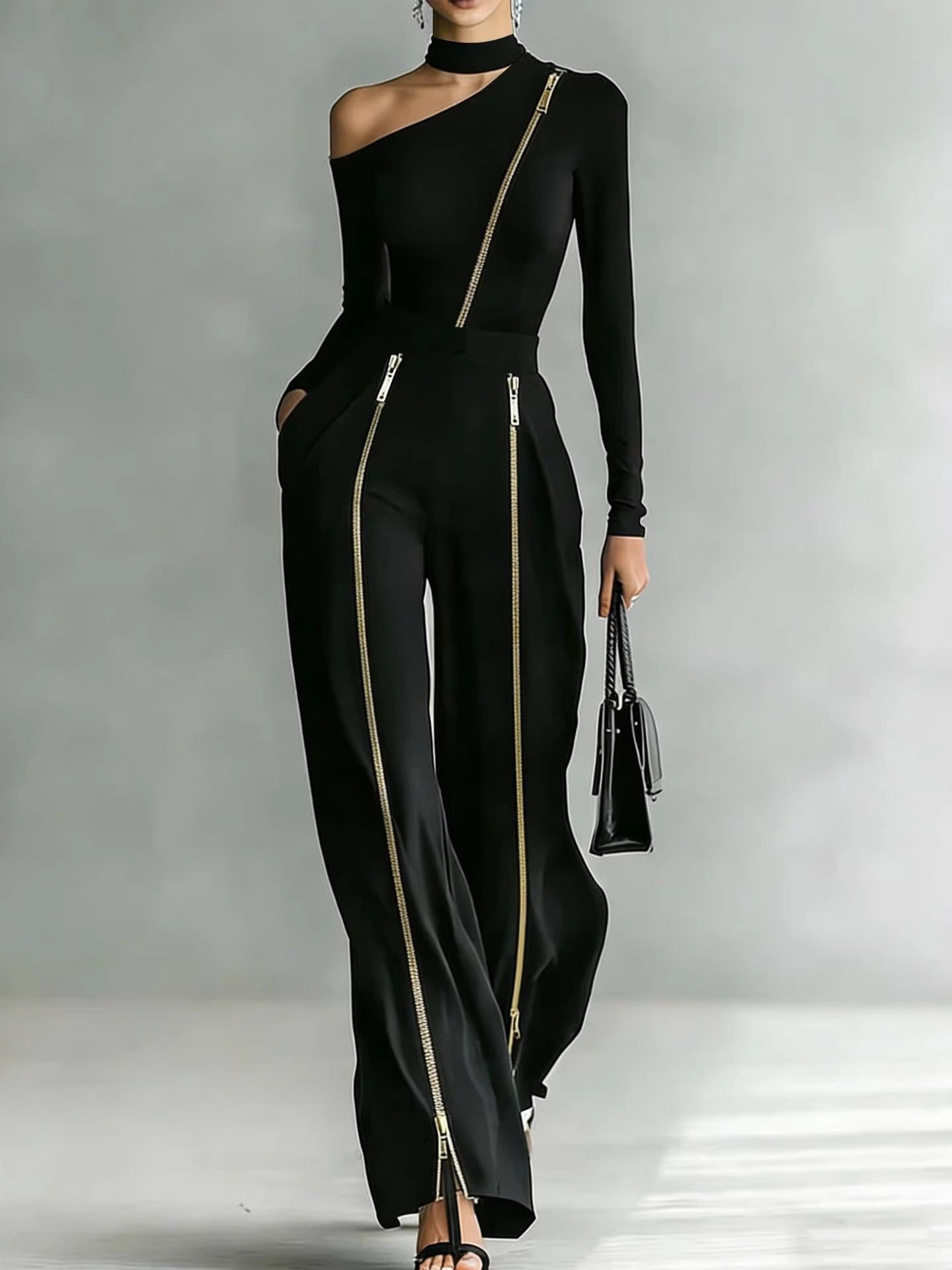 Black Double-zipper Trendy Off-shoulder Long-sleeved Top Two-piece Set