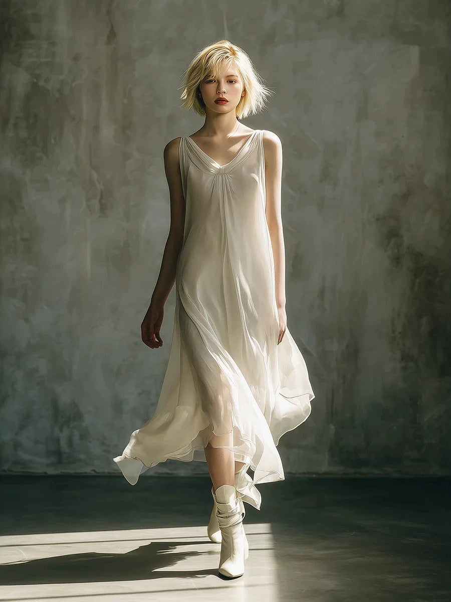 V-neck Sleeveless Chiffon Long Dress