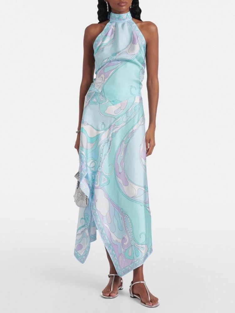 Satin Halter Neck Backless Top And Skirt Two-piece Set