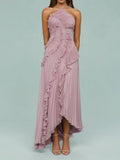 Halter Sunray Pleat Cascading Ruffle Tier High-Low Hem Gown