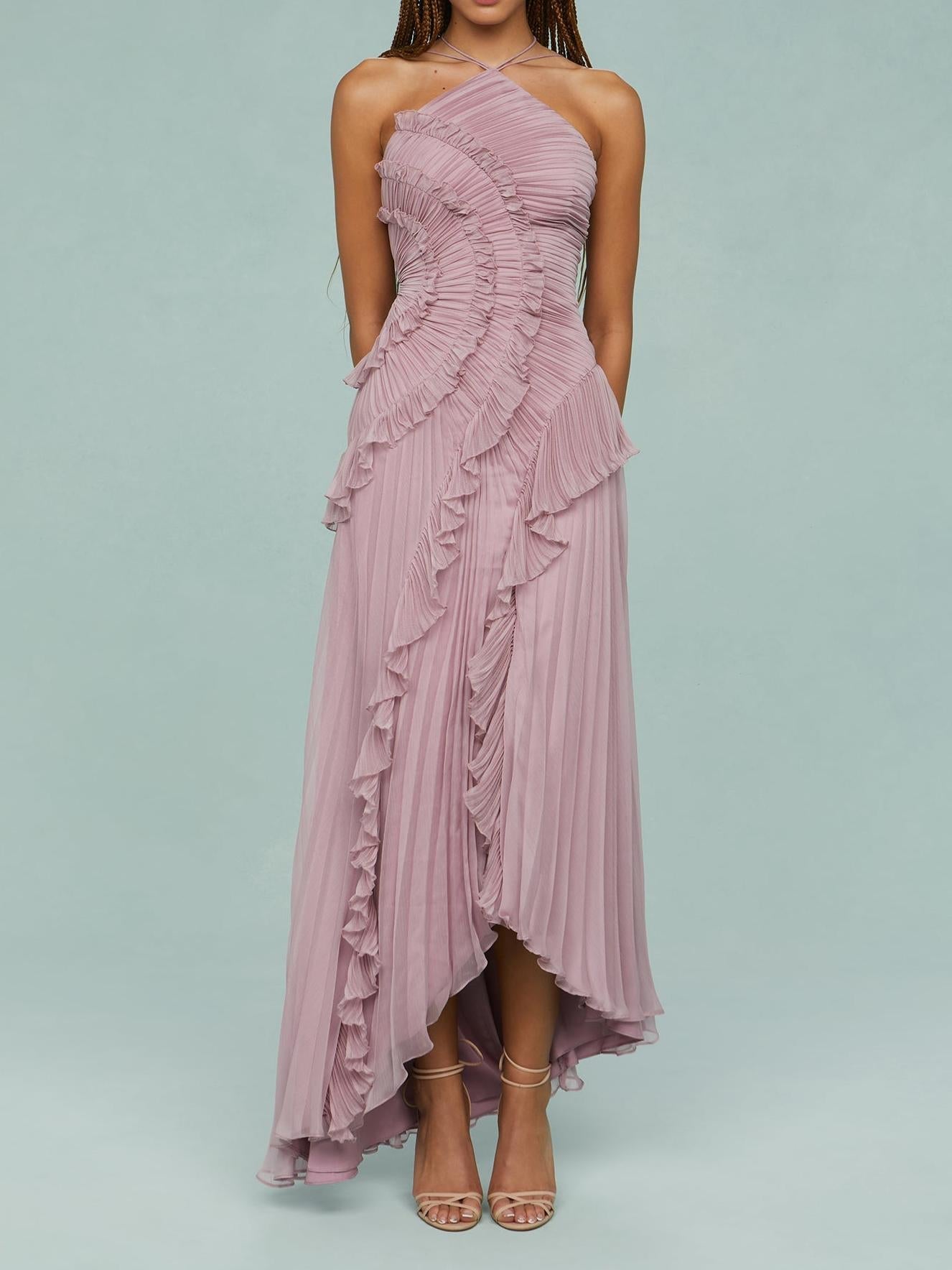 Halter Sunray Pleat Cascading Ruffle Tier High-Low Hem Gown