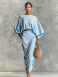 High-waisted Midi Skirt And Round Neck Three-quarter Sleeve Top Two-piece Set