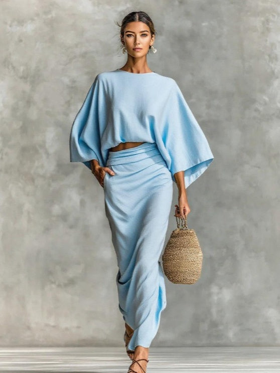 High-waisted Midi Skirt And Round Neck Three-quarter Sleeve Top Two-piece Set