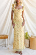 Ruffle Sleeves Floral Print Mesh Overlay Maxi Dress