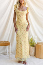 Ruffle Sleeves Floral Print Mesh Overlay Maxi Dress