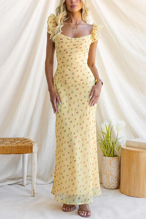Ruffle Sleeves Floral Print Mesh Overlay Maxi Dress