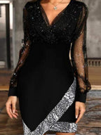 Mesh Splicing Sequins V-neck Waist Shaping Mini&Short Dresses