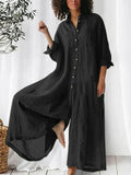 Long-sleeved Mid-length Cotton Linen Shirt Jumpsuit