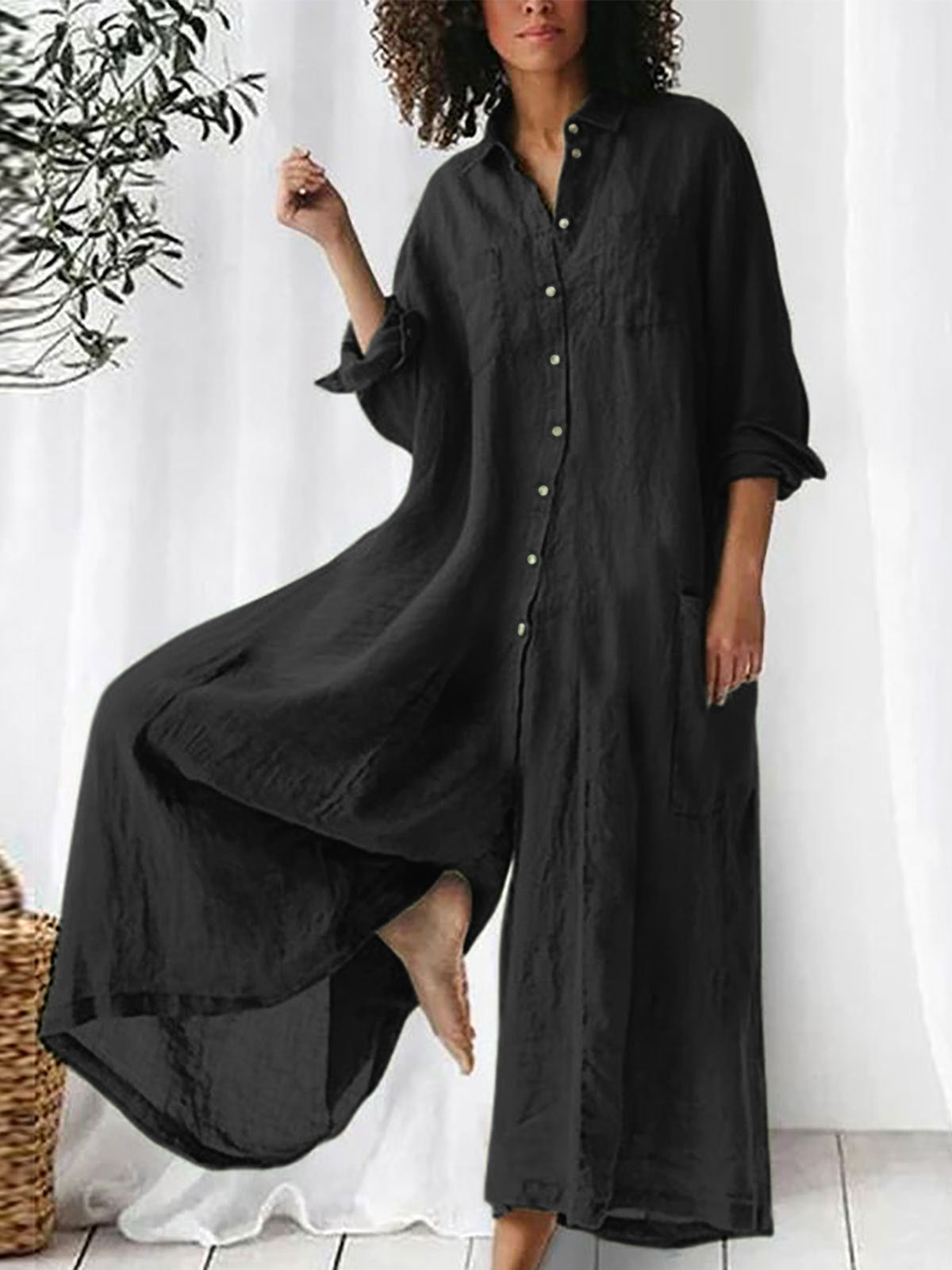 Long-sleeved Mid-length Cotton Linen Shirt Jumpsuit
